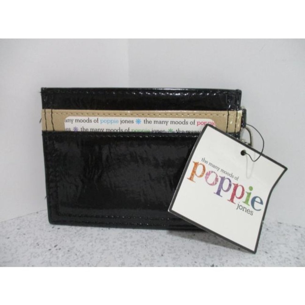 *Poppie Jones Black and Tan Crinkle Patent Cardholder Key Clip Wallet